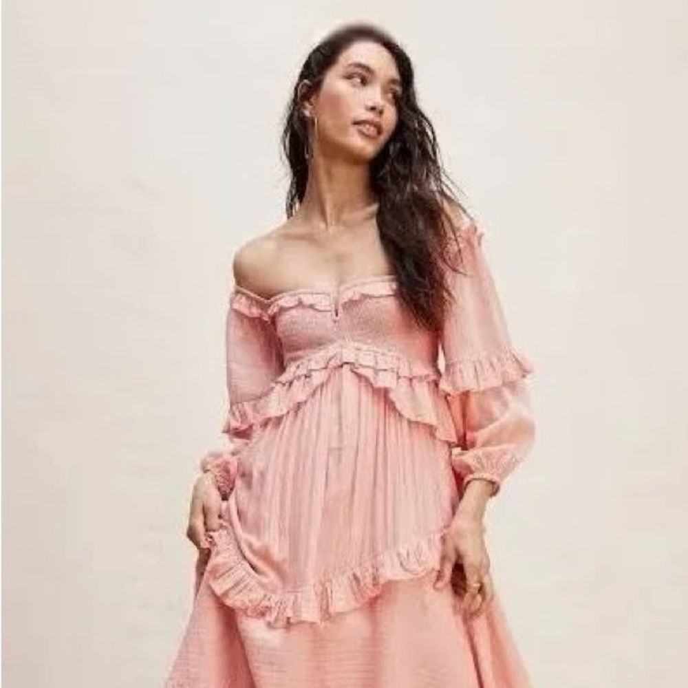 NWT Free People Spell SOLD OUT Pink Ruffled Off-the-Shoulder Midi Dress
